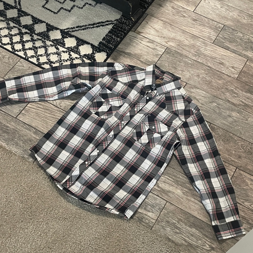 Black,White, and Red Plaid Casual Button Down Shirt